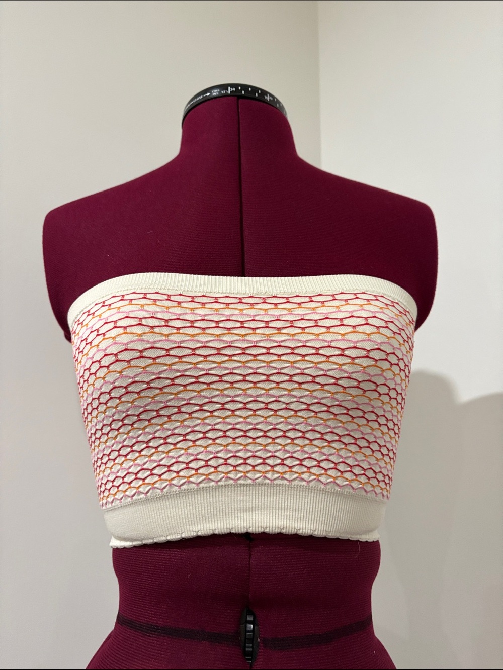 aerie Cream Strapless Crop Top with Pink and Orange Mesh Overlay